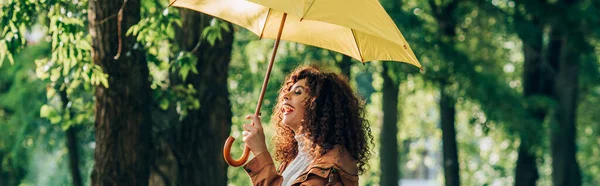 Vue panoramique de la femme bouclée riant tout en tenant un parapluie jaune dans le parc — Photo de stock