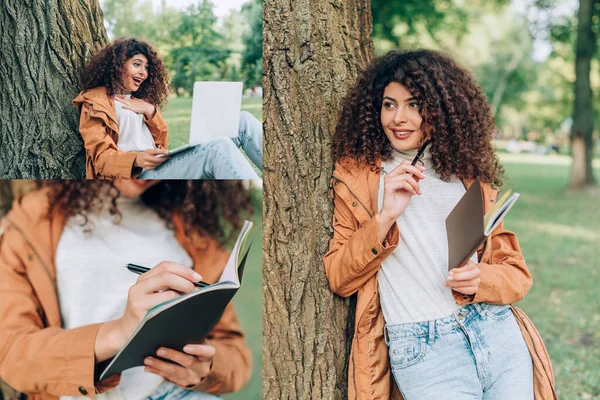 Collage of young woman in raincoat using laptop and holding notebook near tree in park — Stock Photo