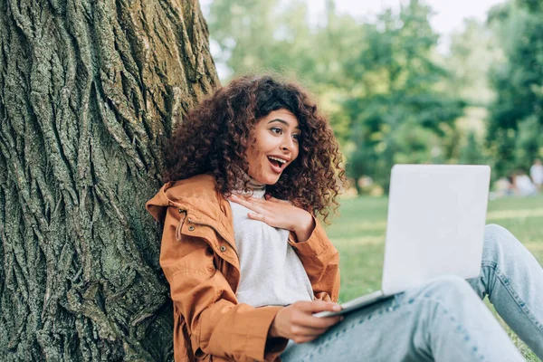 Concentration sélective de la femme excitée en utilisant un ordinateur portable près de l'arbre dans le parc — Photo de stock