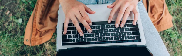 Panoramic crop of young woman using laptop on grass — Stock Photo