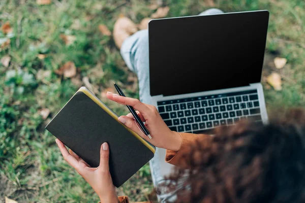 Overhead-Ansicht der Frau mit Notizbuch und Stift in der Nähe von Laptop mit leerem Bildschirm auf Gras im Park — Stockfoto