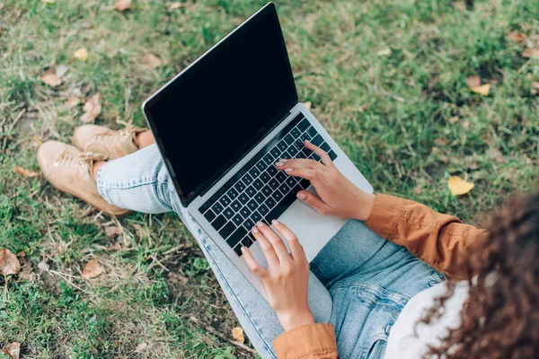 Overhead view of freelancer in jeans using laptop with blank screen on lawn in park — Stock Photo
