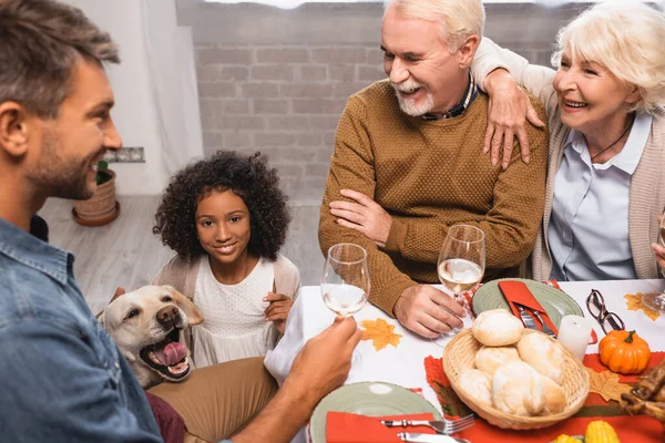 Gioiosa famiglia multiculturale che tiene bicchieri di vino bianco mentre celebra il Ringraziamento vicino golden retriever — Foto stock