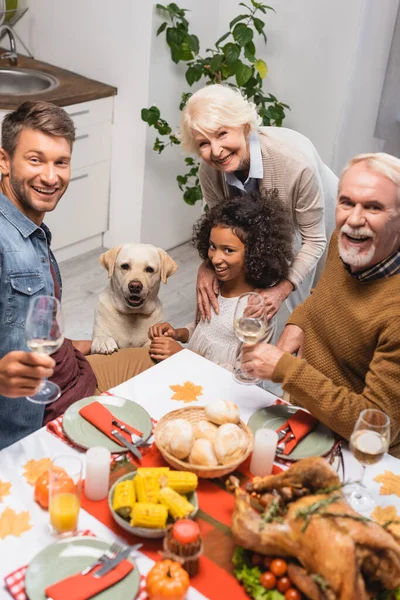 Família multicultural animado e golden retriever olhando para a câmera durante o jantar de ação de graças — Fotografia de Stock