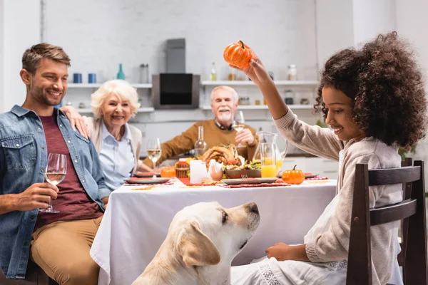 Enfoque selectivo de chica afroamericana sosteniendo calabaza decorativa cerca de golden retriever durante la cena de acción de gracias con la familia - foto de stock