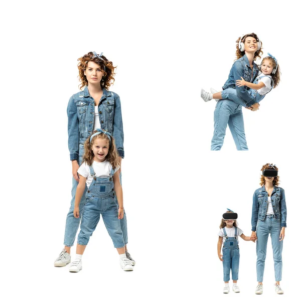 Collage of mother and daughter in denim outfits spending time together isolated on white — Stock Photo