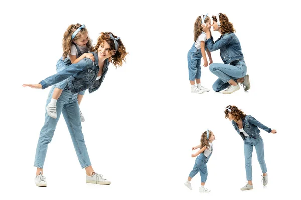 Collage de madre e hija en trajes de mezclilla pasar tiempo aislado en blanco - foto de stock