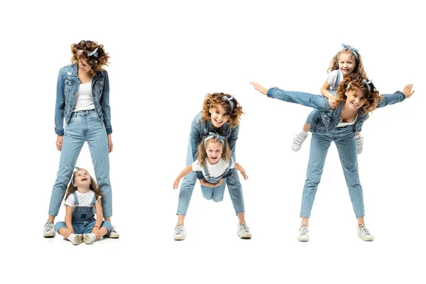 Колаж матері і дочки в джинсових нарядах, що проводять час ізольовано на білому — стокове фото