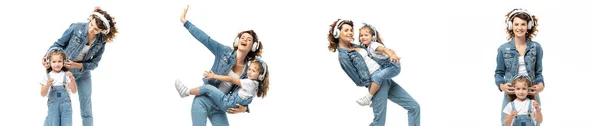 Колаж матері і дочки прослуховування музики в навушниках ізольовані на білому, панорамний знімок — стокове фото