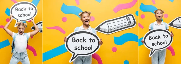 Collage of emotional schoolgirl holding speech bubble with back to school lettering near paper art and pencil on yellow, horizontal concept — Stock Photo