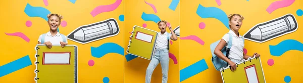 Collage of emotional schoolkid with notebook maquette showing idea gesture and looking at camera near paper art on yellow, horizontal image — Stock Photo