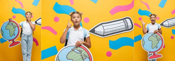 Collage of emotional schoolgirl with globe maquette covering mouth, showing idea sign and waving hand near paper art elements on yellow, panoramic shot — Stock Photo