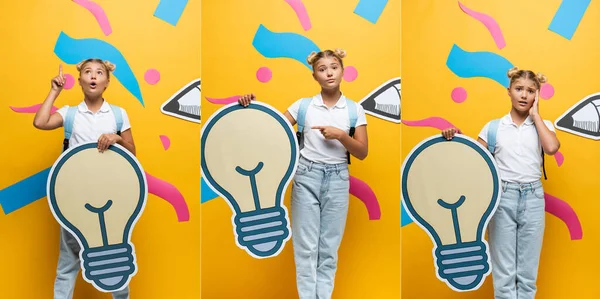 Collage von nachdenklichen und besorgten Schulmädchen mit dekorativer Glühbirne in der Nähe von Papierkunst auf gelbem Hintergrund — Stockfoto