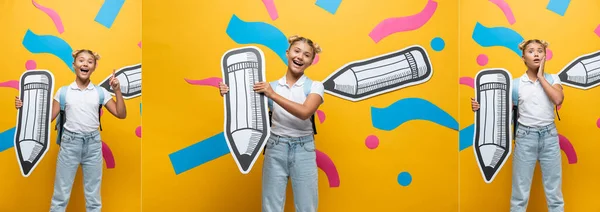 Collage of excited and worried schoolkid holding paper pencil on yellow background — Stock Photo