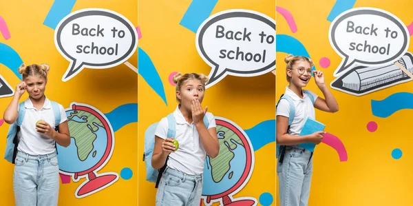 Collage of crying and shocked pupil with book and apple standing near speech bubble with back to school lettering and paper art on yellow background — Stock Photo