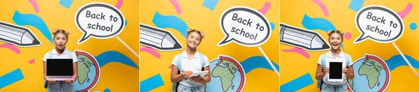 Collage of schoolkid holding laptop and digital tablet near paper speech bubble with back to school lettering on yellow background — Stock Photo