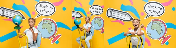 Collage of excited schoolgirl holding globe and book with apple near paper art on yellow background — Stock Photo