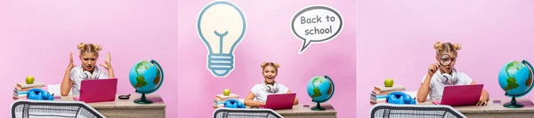 Collage of child sitting near laptop, globe and paper artwork on pink background — Stock Photo