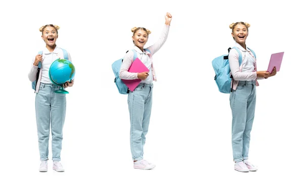 Коллаж школьницы держа глобус, рюкзак и ноутбук на белом фоне — стоковое фото