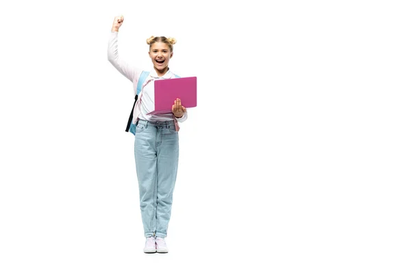 Girl with backpack holding laptop and showing yes gesture on white background — Stock Photo