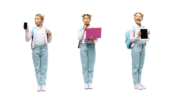 Collage of schoolgirl holding digital devices with blank screens on white background — Stock Photo