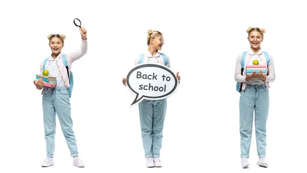 Collage of schoolgirl holding speech bubble with back to school lettering, books and loupe on white background — Stock Photo