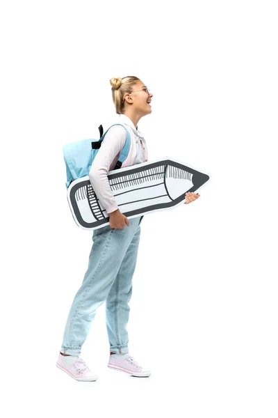 Child with backpack holding paper pencil isolated on white — Stock Photo