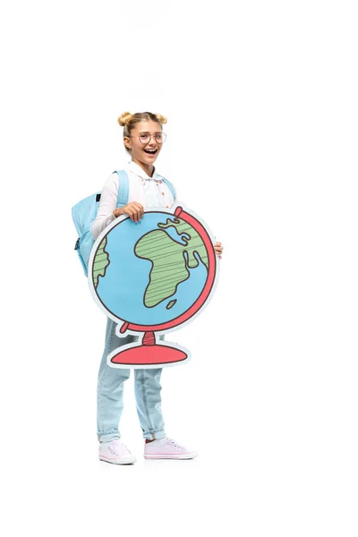 Schoolkid holding paper globe on white background — Stock Photo