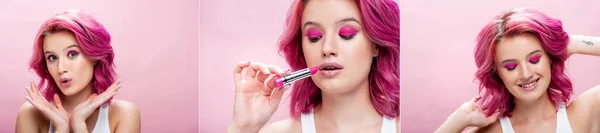 Collage de mujer joven con el pelo colorido celebración de lápiz labial aislado en rosa, tiro panorámico - foto de stock