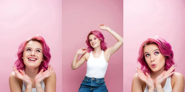 Collage de mujer joven con el pelo colorido posando aislado en rosa - foto de stock