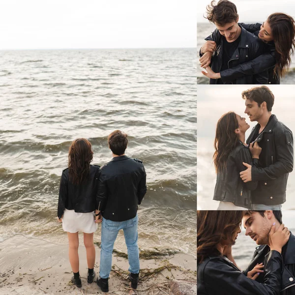 Collage di giovani coppie in giacche di pelle che si abbracciano sulla spiaggia vicino al mare — Foto stock