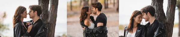 Collage of couple in leather jackets kissing and embracing in forest — Stock Photo