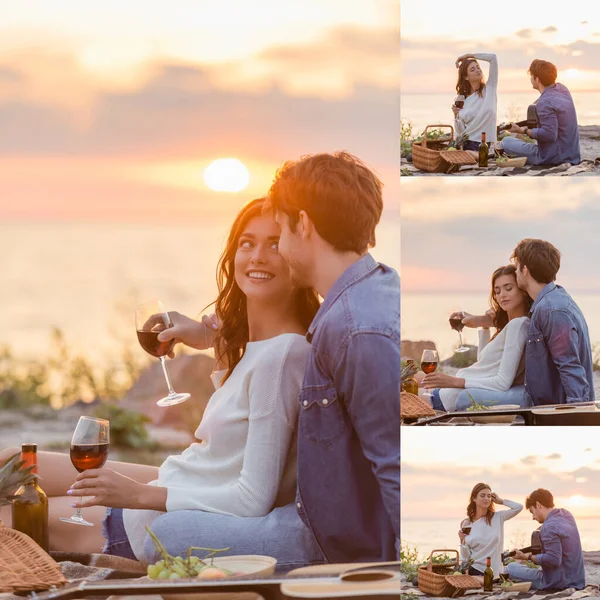 Collage of young couple playing acoustic guitar and holding wine glasses during picnic on beach at evening — Stock Photo