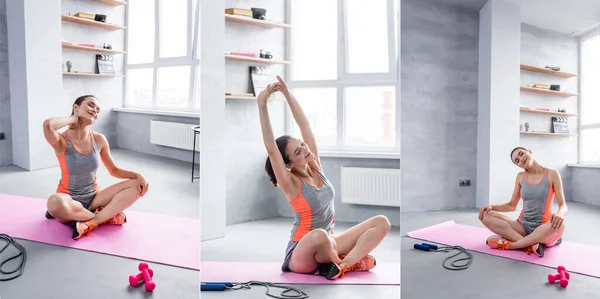 Collage de mujer estirándose en la colchoneta de fitness cerca de pesas y saltar la cuerda - foto de stock