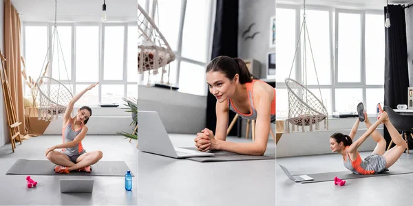 Collage junger Frauen beim Training in der Nähe von Laptop und Hanteln auf Fitnessmatte zu Hause — Stockfoto