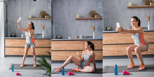 Collage de joven deportista usando smartphone y tomando selfie mientras hace ejercicio en la cocina - foto de stock