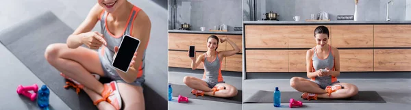 Коллаж молодой спортсменки, использующей и показывающей смартфон возле бутылки с водой и спортивным инвентарем на кухне — Stock Photo
