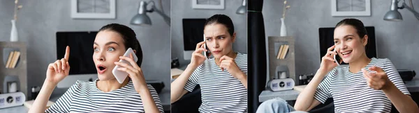 Collage aufgeregter und nachdenklicher Freiberufler, die zu Hause auf dem Smartphone sprechen — Stockfoto