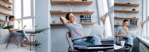 Collage di bruna freelance utilizzando il computer portatile mentre si lavora a casa — Foto stock
