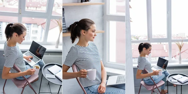 Collage of young freelancer holding cup of herbal tea while working on laptop at home — Stock Photo