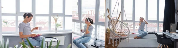 Collage de libro de lectura de mujer, usando auriculares y sosteniendo la taza en casa - foto de stock