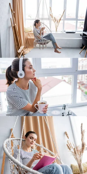 Коллаж молодой женщины, держащей чашку, слушающей музыку в наушниках и читающей книгу в подвешенном кресле — стоковое фото