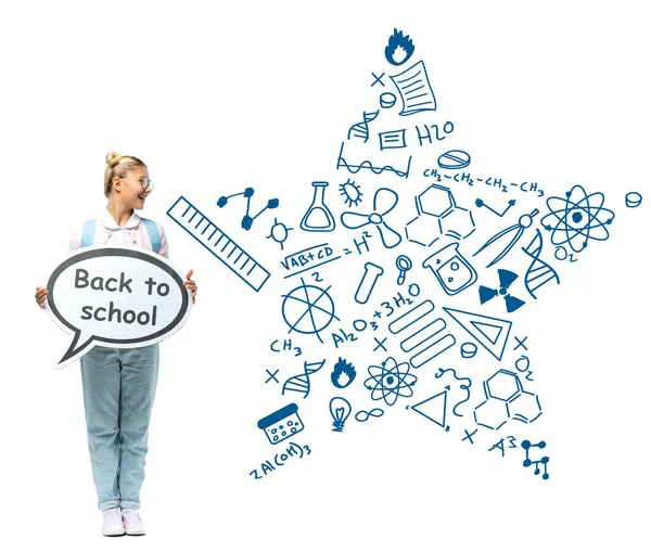 Schoolgirl holding speech bubble with back to school lettering near illustration on white — Stock Photo