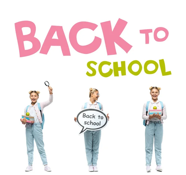 Collage of schoolgirl holding speech bubble with lettering, books and loupe near back to school illustration on white — Stock Photo