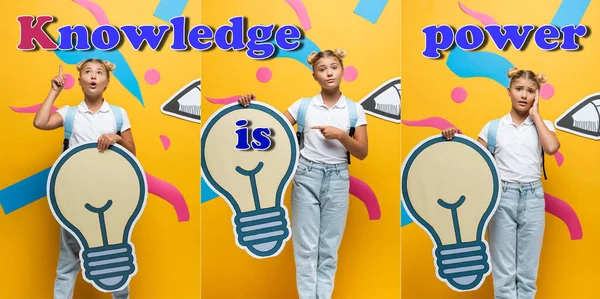Collage of pensive and worried schoolgirl holding decorative light bulb near paper art and knowledge, power lettering on yellow — Stock Photo