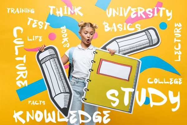 Schockiertes Schulkind mit Notizbuch und Bleistift neben gelbem Schriftzug — Stockfoto