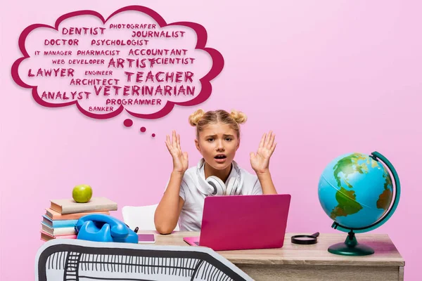Worried kid looking at camera near laptop, books, paper art, globe, retro telephone and thought bubble illustration with lettering on pink — Stock Photo