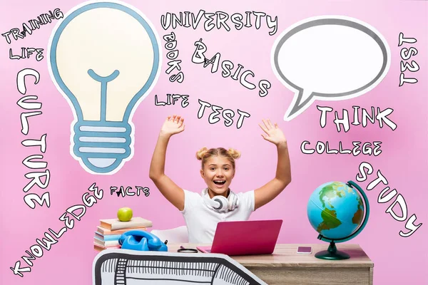 Schulkind mit erhobenen Händen in der Nähe von Gadgets, Globus, Illustration und Papiergrafik auf rosa — Stockfoto