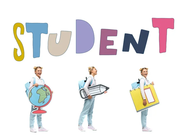 Collage d'écolier tenant globe de papier, crayon et cahier près de lettrage étudiant sur fond blanc — Photo de stock
