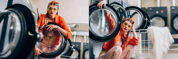 Collage di donna elegante in occhiali da sole vicino grezzo di lavatrici in lavanderia — Foto stock